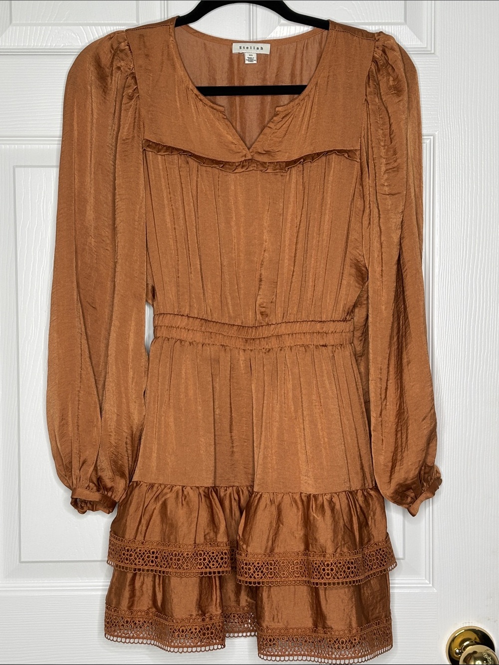 Stellah Split Neck Elastic Waist Cottagecore Mini Dress Brown Ruffle Size XS